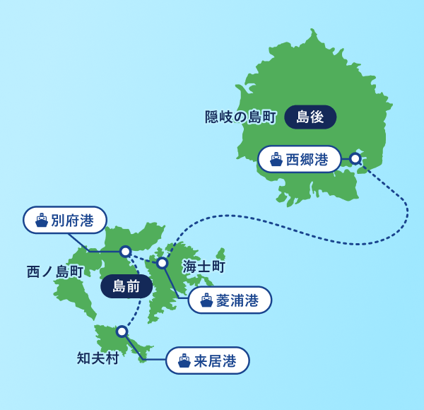 日本本土と隠岐諸島が拡大された地図で、本土と隠岐諸島を結ぶ、伊丹空港および出雲縁結び空港から隠岐ジオパーク空港間のルートと、七類港および境港から隠岐諸島内の4つの港(西郷港、来居港 、菱浦港 、 別府港)間のルートが記載されています。