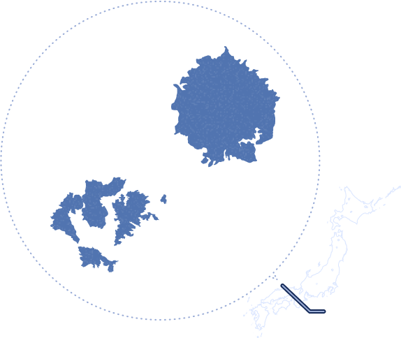 隠岐諸島の地図で、北に隠岐の島町（島後）と南西ノ島町(西ノ島)、海士町(中ノ島)、知夫村(知夫里島)が位置しています。